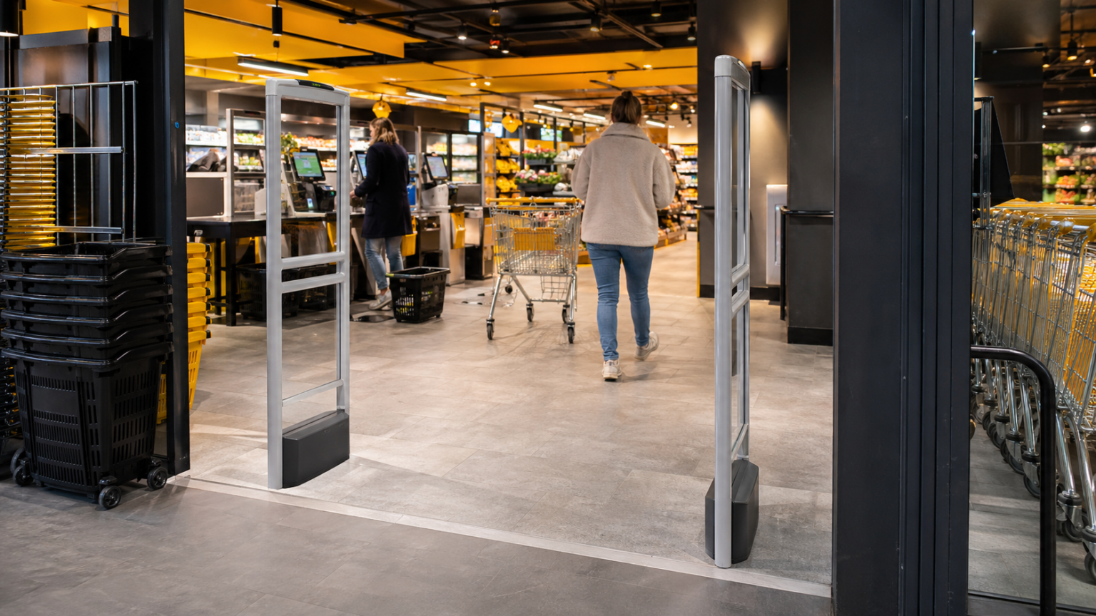 Artikelbeveiliging met detectiepoortjes in een winkel