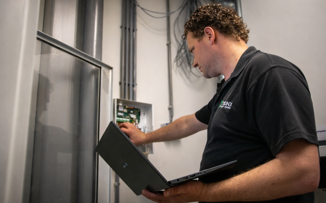 X-Tronx-technicus controleert een alarmcentrale met een laptop