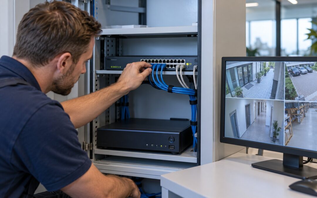 Illustratieve foto van een installateur die netwerkbekabeling bij een camerarecorder controleert